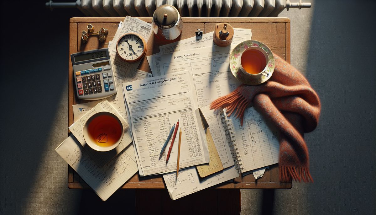 Energy saving tips to avoid debt, overhead view of UK energy bills and budget notes on a kitchen table