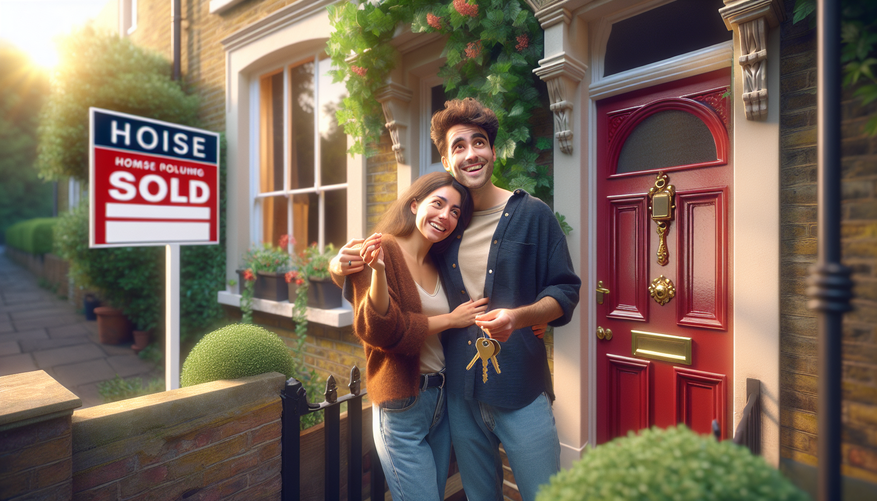 Couple holding house keys outside a UK terraced house after getting a mortgage post-IVA