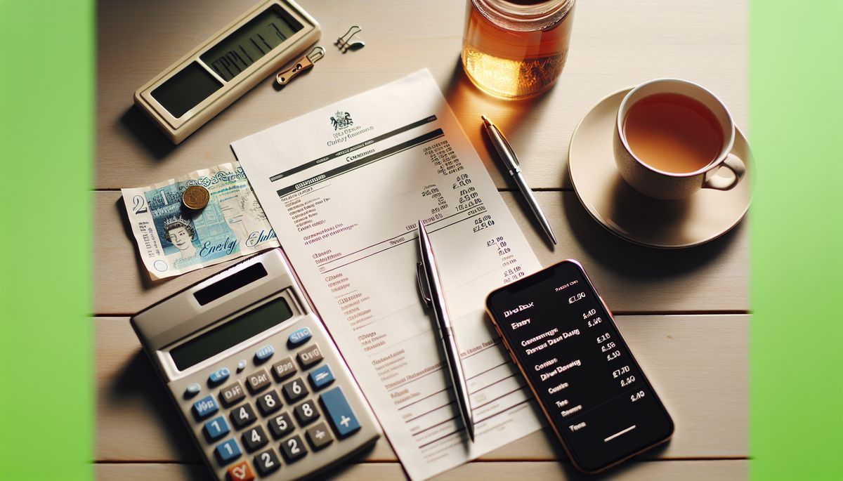 UK energy bills, calculator and phone on a desk - cancelling energy direct debit