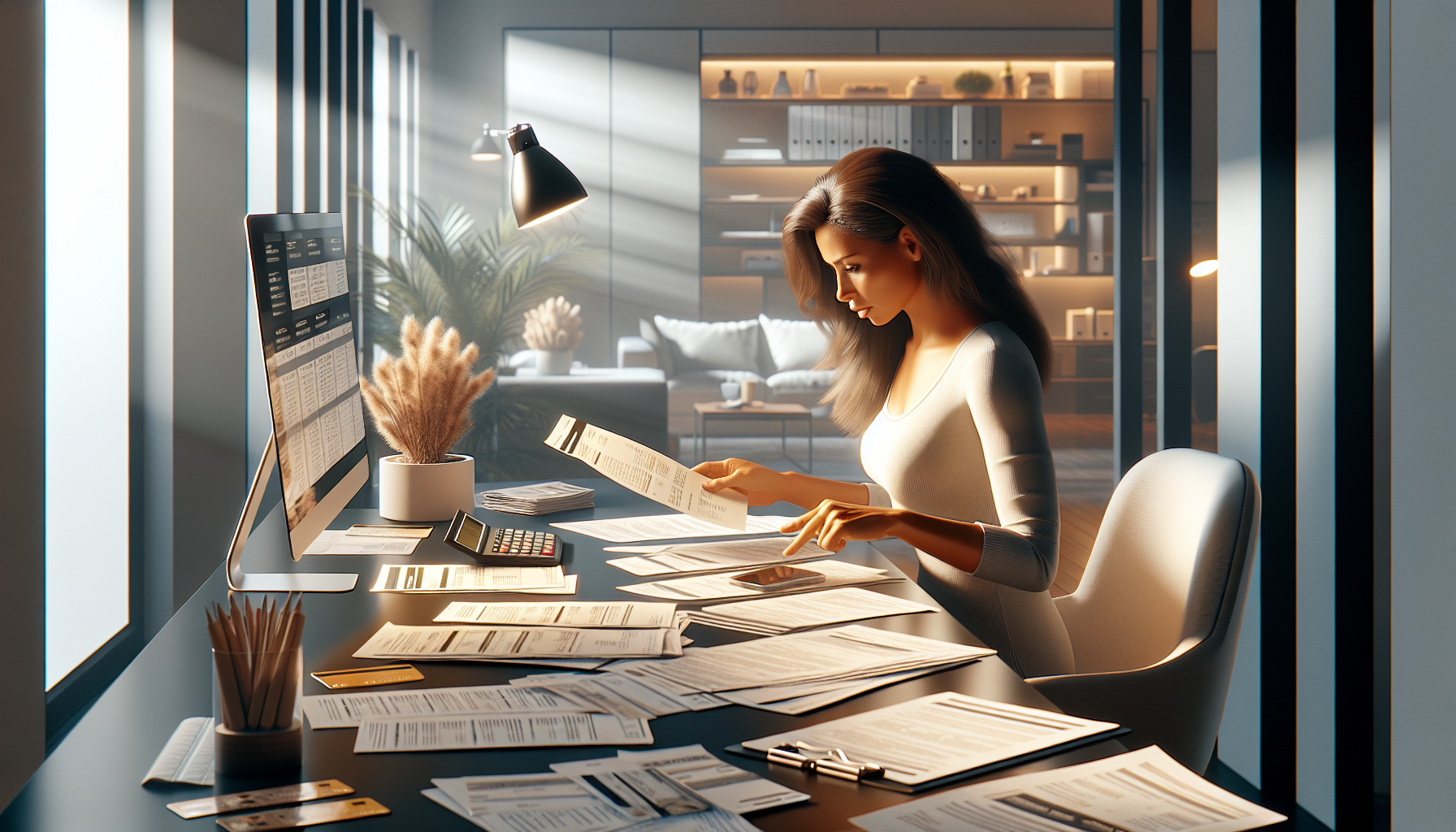 Person reviewing financial documents and bills at a desk organising debts for an IVA
