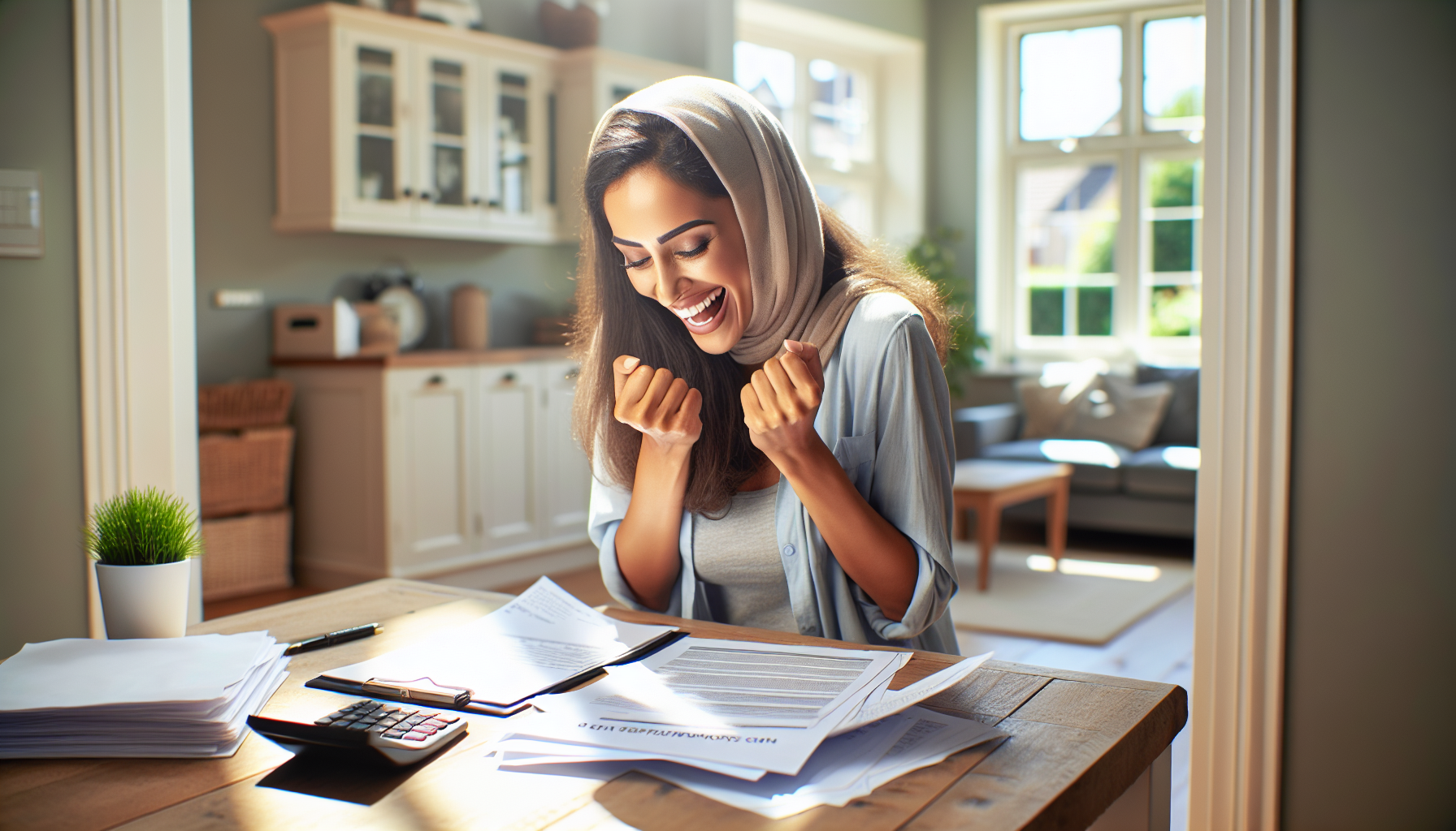 Person celebrating the end of their IVA at a home desk with financial documents