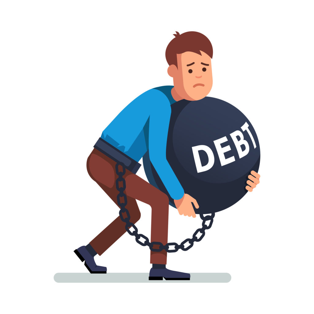 Drawing of man chained to a debt wrecking ball
