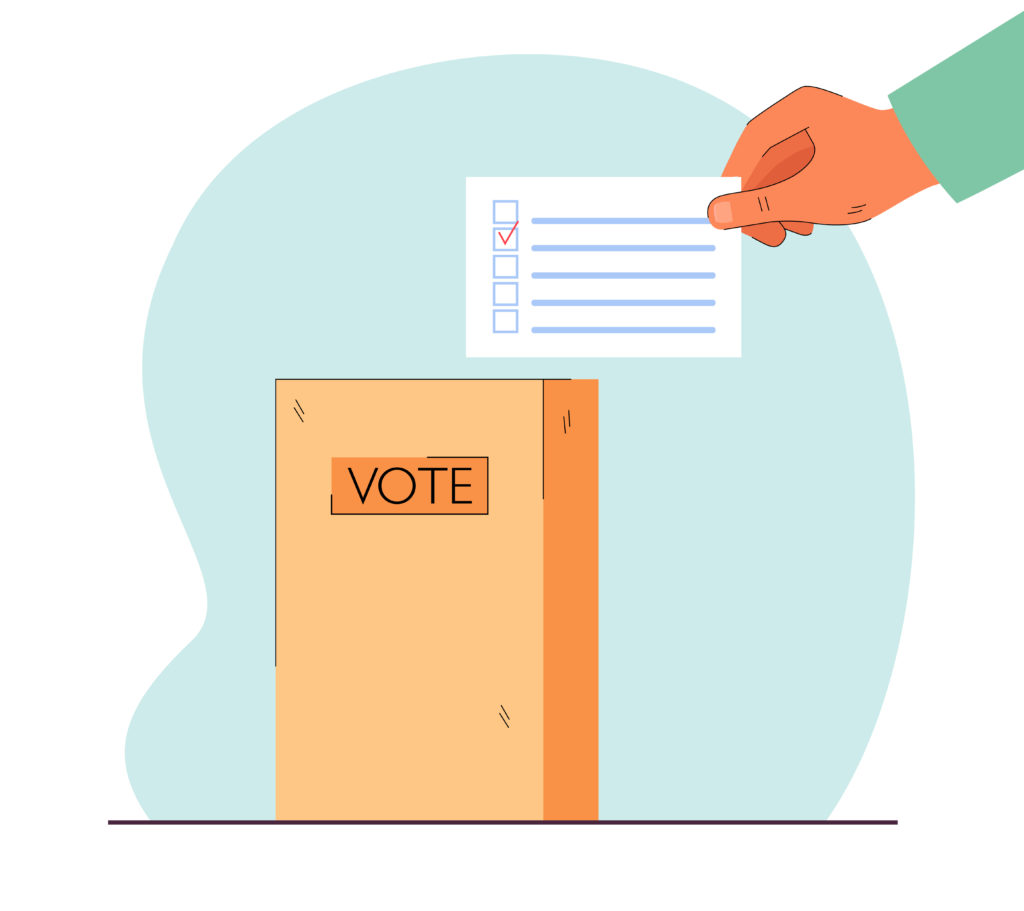 Drawing of person putting polling card in ballot for election vote