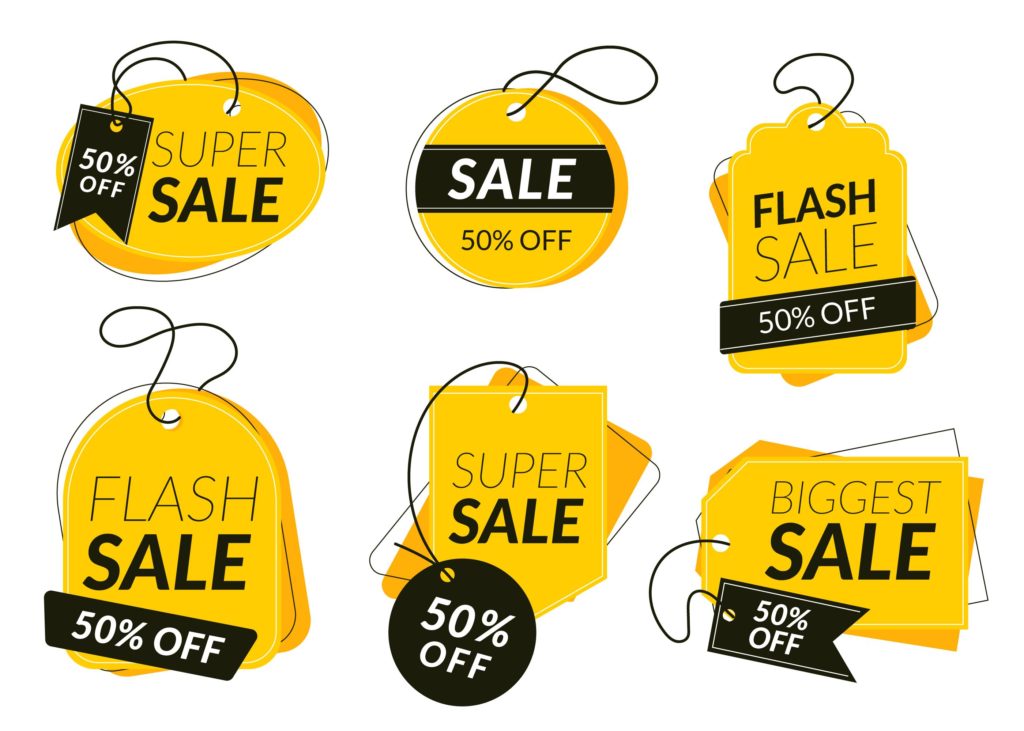 Drawing of different 'Sales 50% off' labels